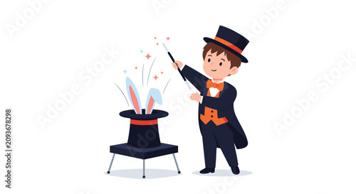 Young boy magician holding a wand and pulling rabbit ears out of a black top hat during a magic trick performance.