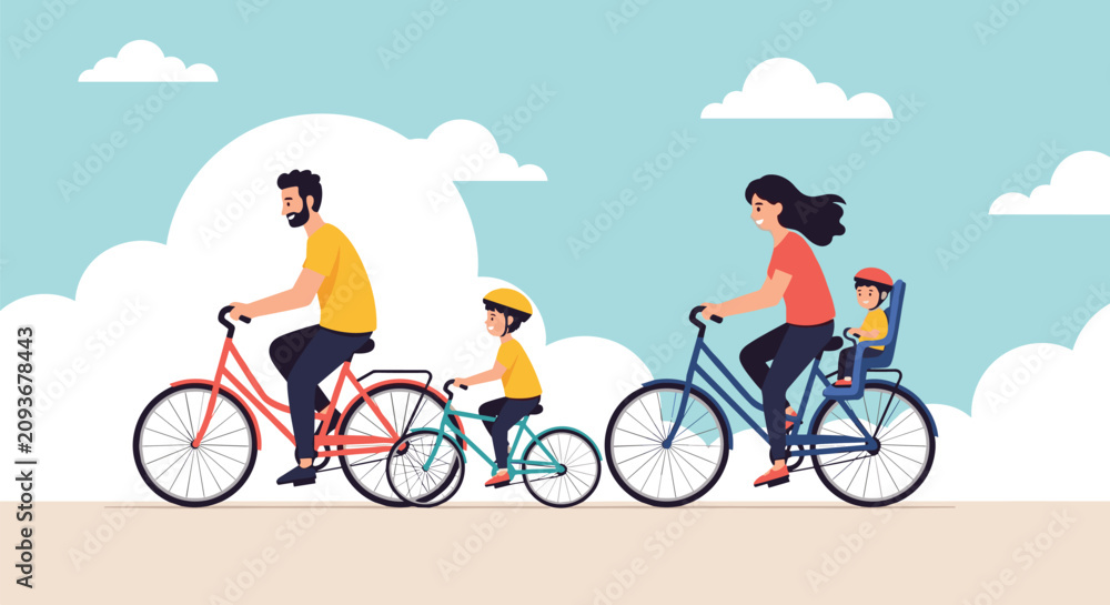 Fototapeta premium Happy family of four riding bicycles together outdoors, showcasing healthy active lifestyle and family weekend bonding.