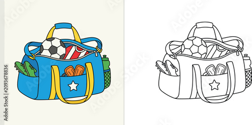 Photos Coloring page vector illustration of a sports duffel bag filled with soccer equi