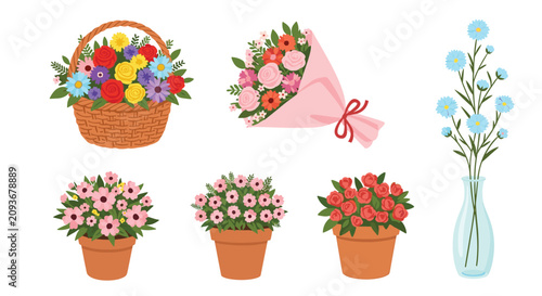 Colorful flower collection featuring baskets, beautiful bouquets, potted garden flowers, and blue daisy vase.