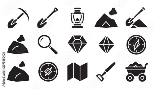 Konstfotografi Mining exploration icons showing tools shovels lanterns compasses gems and equipment kit