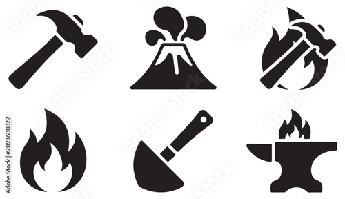 Foto Black silhouette collection of volcanic fire icons and blacksmith hammer forge tools
