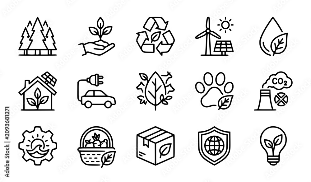 Fototapeta premium Environmental Protection Outline Vector Icon Collection