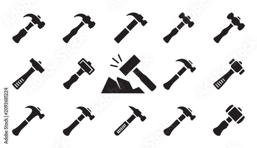 Foto Hammer icon collection with various mallet styles and stone crushing industrial graphics