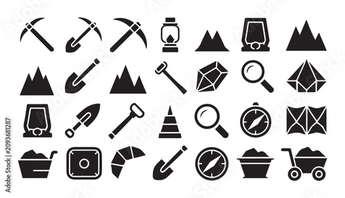 Foto Mining industry equipment icons featuring shovels compass wheelbarrow and mountain shapes