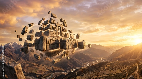 Floating ancient incan stone ruins over andean valley at sunset
