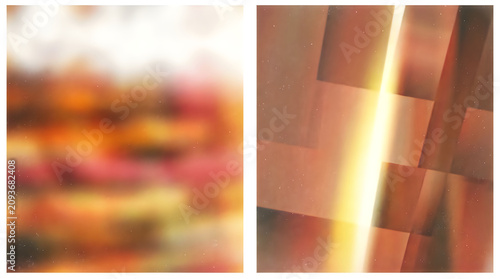 Abstract blurred light and geometric shapes backgrounds with warm colors and glowing effects used for design and decoration  two different patterns side by side