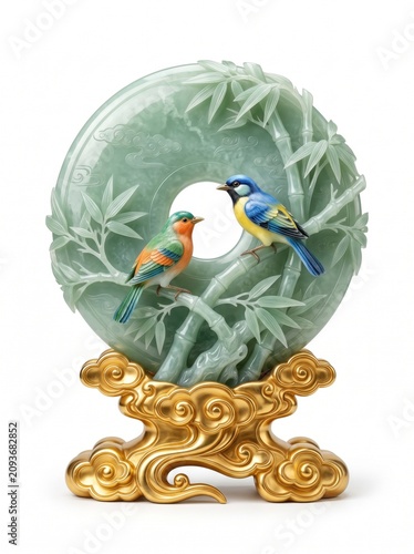 Luxury celadon jade sculpture featuring two colorful songbirds resting on bamboo branches, translucent jade disc, polished metallic gold cloud pedestal, elegant oriental home decor