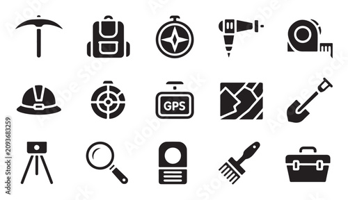 Bild auf Leinwand Geology icons set featuring pickaxe compass map and tools for excavation and exploration
