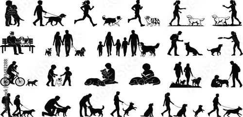 Konstfotografi People and Dog Silhouette Collection Featuring Walking Running Training Playing