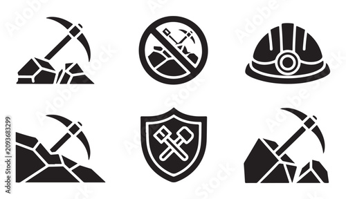 Quadro su tela Mining industry emblems including pickaxe with rocks and protective helmet vector icons