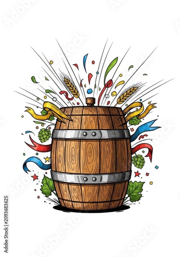 Hand-drawn artistic sketch of a wooden beer barrel featuring dynamic festive motion lines and celebratory decorative accent elements, sketch, white background, motion