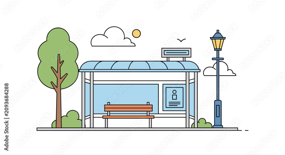 Naklejka premium Detailed color line illustration of a modern bus stop station with a bench, informational sign, street lamp, and a green tree in a park.