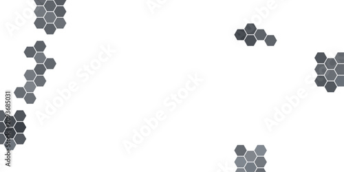 Abstract geometric mosaic of hexagonal shapes in various shades of grey, creating an abstract pattern against a clean white background.