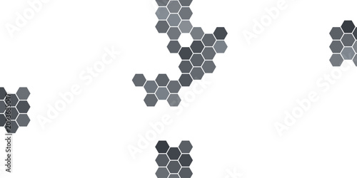 Abstract cluster of dark grey hexagonal shapes forming an abstract pattern on a white background, a graphic representation of interconnected elements and data.