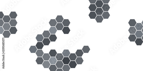 Abstract abstract arrangement of dark grey hexagonal shapes forming a dynamic, modern pattern against a light background, conveying a sense of technology and connectivity.