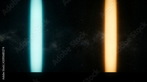 Foto Glowing neon lights, colorful beams, dark background, vibrant illumination, futu