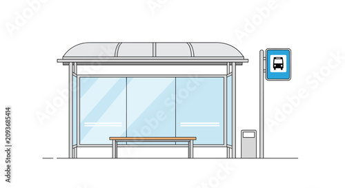 Front view of a modern glass bus stop shelter with a simple bench and a blue informational sign for public transport in a city environment.