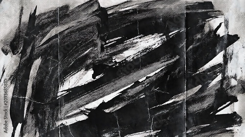 Abstract black and white ink brush strokes creating a dynamic textured surface with distressed paper and halftone dot patterns conveying a sense of raw energy and artistic expression