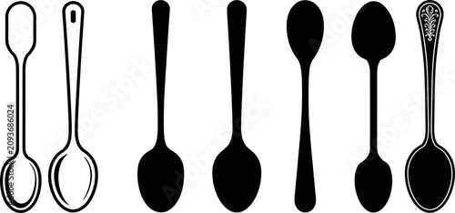 Cuadro en lienzo Spoon Cutlery Icon Set Featuring Outline and Solid Black Silhouette Teaspoons Ta