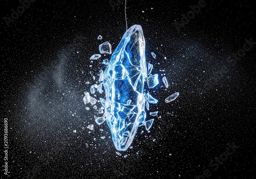 A sharp glowing blue ice shard shatters dramatically into many small frozen fragments and white snow particles against a black backdrop, splinter, abstract, crystal