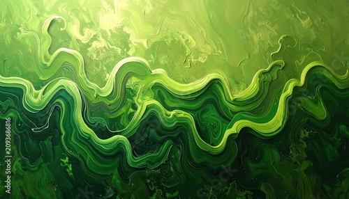 Abstract green liquid waves with thick paint texture.