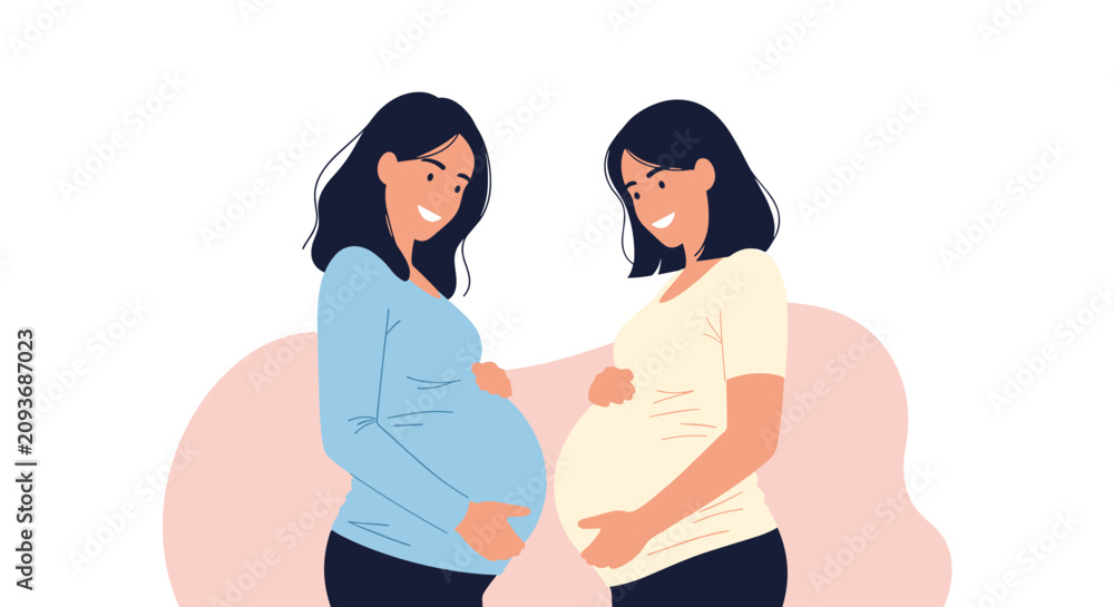 Fototapeta premium Two smiling pregnant women standing together and touching their bellies while celebrating their motherhood journey and friendship.