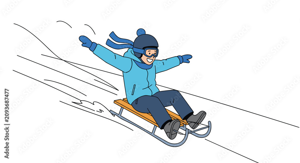 Fototapeta premium Happy young boy wearing winter clothes and goggles sliding down a snowy hill on a wooden sled with arms wide open.