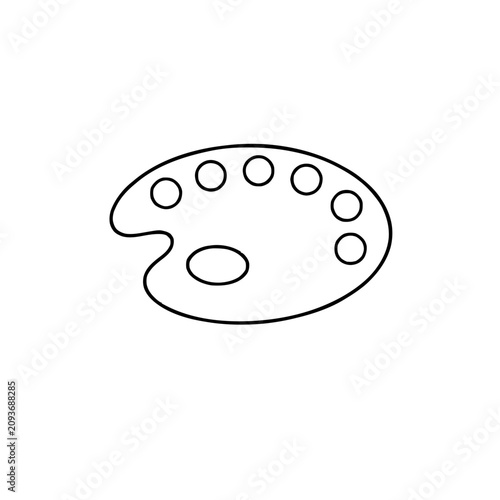 Artist palette with paint wells and thumb hole. Black outline icon. Minimalistic vector illustration symbolizing art, creativity, and painting tools.