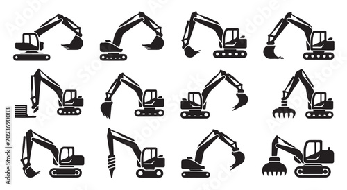Schilderij op canvas Excavator machinery silhouette icons set, digger construction vehicles vector collection