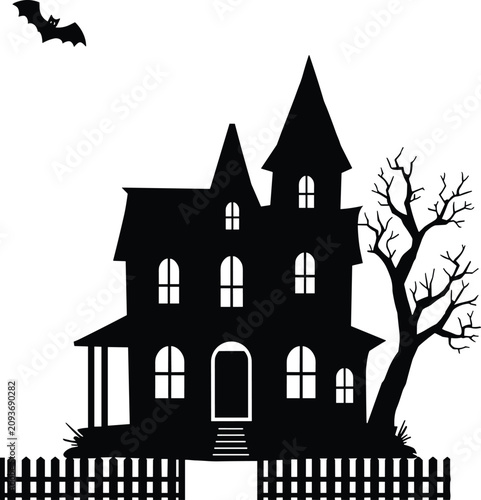 Spooky haunted mansion silhouette with bare tree and bat against a white background for Halloween