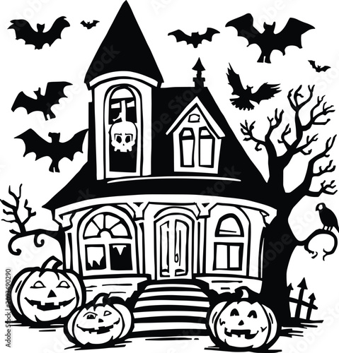Spooky haunted house with bats and pumpkins during Halloween night in silhouette style