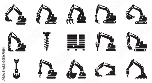 Foto Construction machinery silhouette icons set, excavator vehicle and attachments vector collection