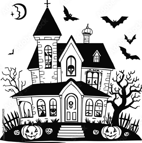 Spooky haunted mansion silhouette with bats and pumpkins during a crescent moon night