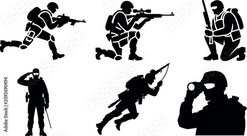 Canvastavla Military Soldier Silhouette Icon Set Featuring Special Forces Infantry Kneeling
