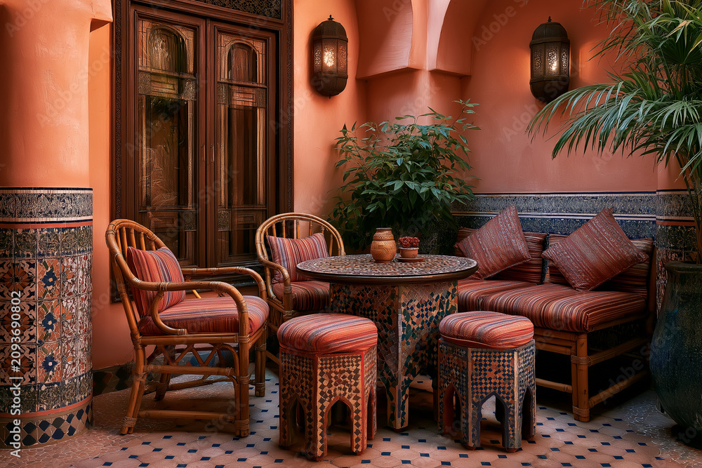 Fototapeta premium Elegant outdoor seating area with vintage rattan furniture. Stylish boho-chic patio set featuring woven chairs and a coffee table. Luxury eco-frien...
