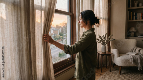 Sunrise curtain reveal in a circadian living space with warm morning light