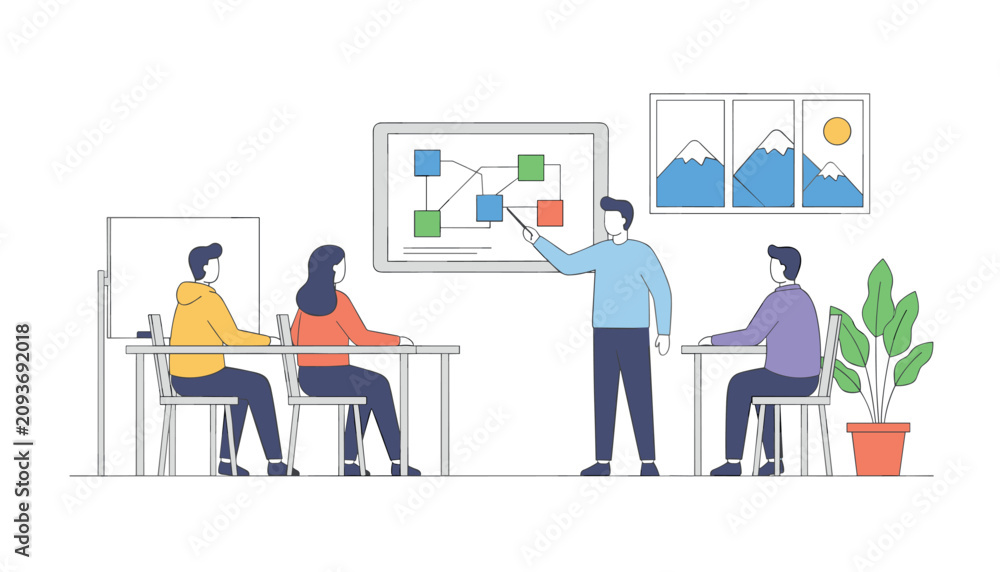 Fototapeta premium Instructor using pointer to explain business flowchart diagram to students during office training.