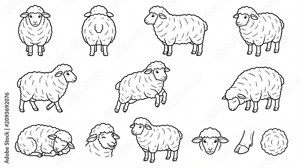 Obraz premium Cute Cartoon Sheep Vector Illustration Set, Coloring Book Page Poses of Sheep and Lambs, Farm Animal Line Art Design Elements