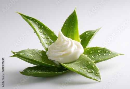 Natural aloe vera gel cream on fresh cut leaves for skincare cosmetic treatment with skincare cosmetic moisturizer wellness treatment soothing botanical medicine dermatology background