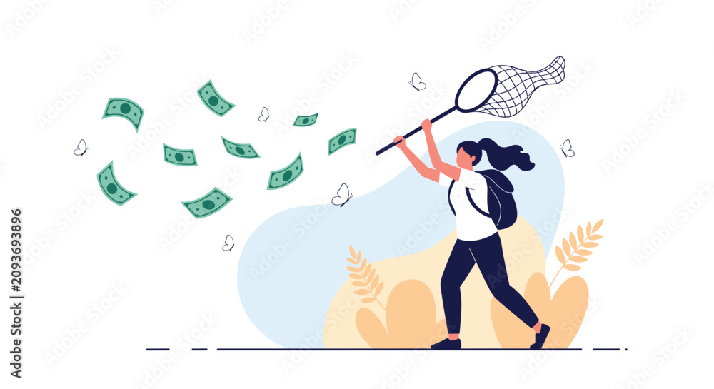 Fototapeta premium Determined woman with a backpack and butterfly net chasing after flying money banknotes in a scenic outdoor environment.