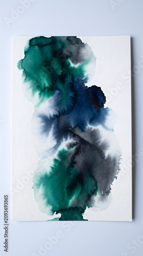 Vertical Watercolor Ink Bloom Background in Emerald Navy and Charcoal Cascading Down