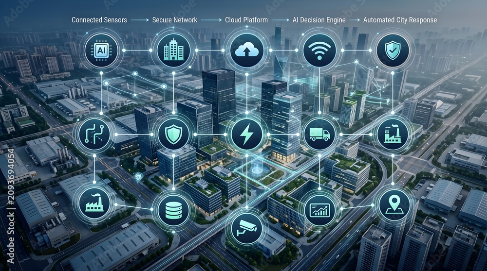 Fototapeta premium Smart city automated response ecosystem featuring connected urban sensors and artificial intelligence cloud platform infrastructure