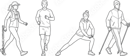 Active Lifestyle People Line Art Set with Walking Running Stretching and Nordic Walking Characters