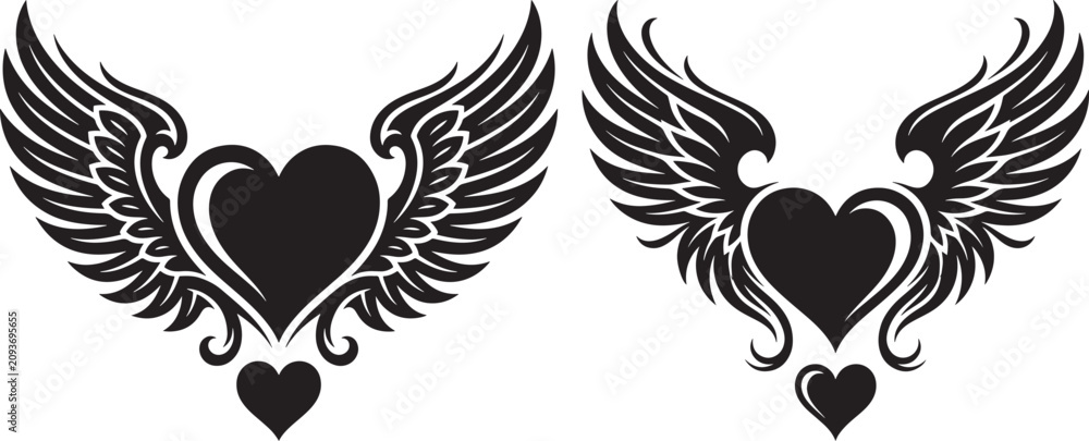 Fototapeta premium Heart shapes with angelic wings in black and white graphic silhouette set silhouette valentines isolated illustration decoration