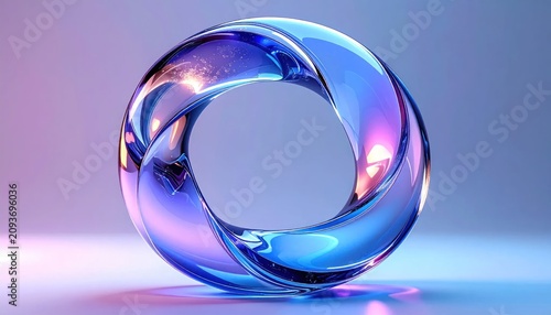 Abstract iridescent glass torus knot with blue purple hues.