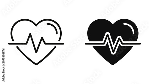 Heartbeat pulse medical line and solid icons for healthcare with heartbeat