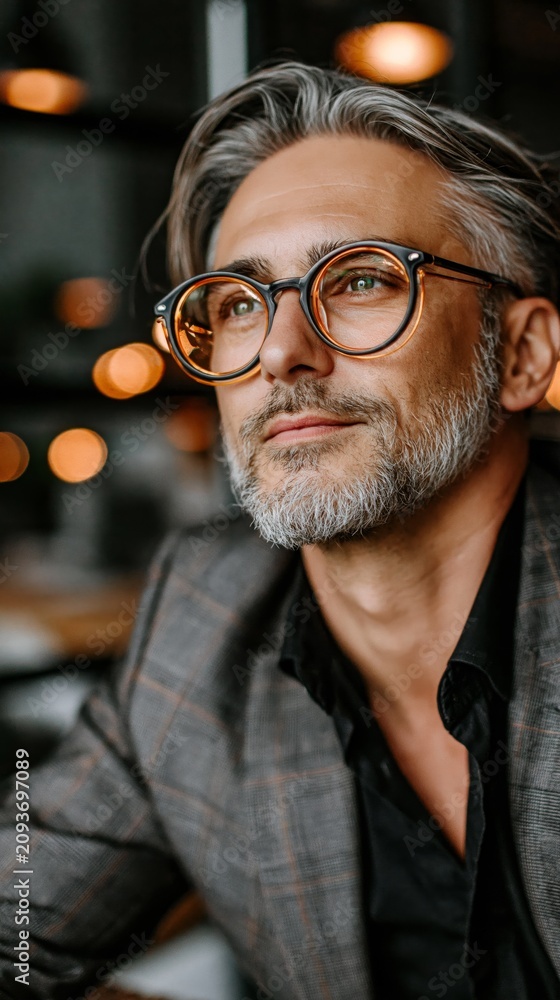 Fototapeta premium A sophisticated middle-aged man with glasses gazes thoughtfully while seated, creating an intimate background.