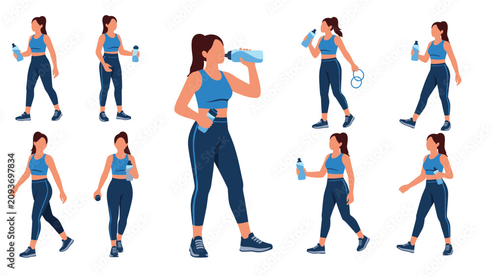 Obraz premium Multiple views of a fit woman in sports wear walking and drinking water from a bottle to stay hydrated during her workout.