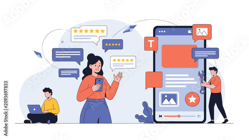 Group of people managing app development, user feedback and reviews on a large digital smartphone interface in a modern flat style.